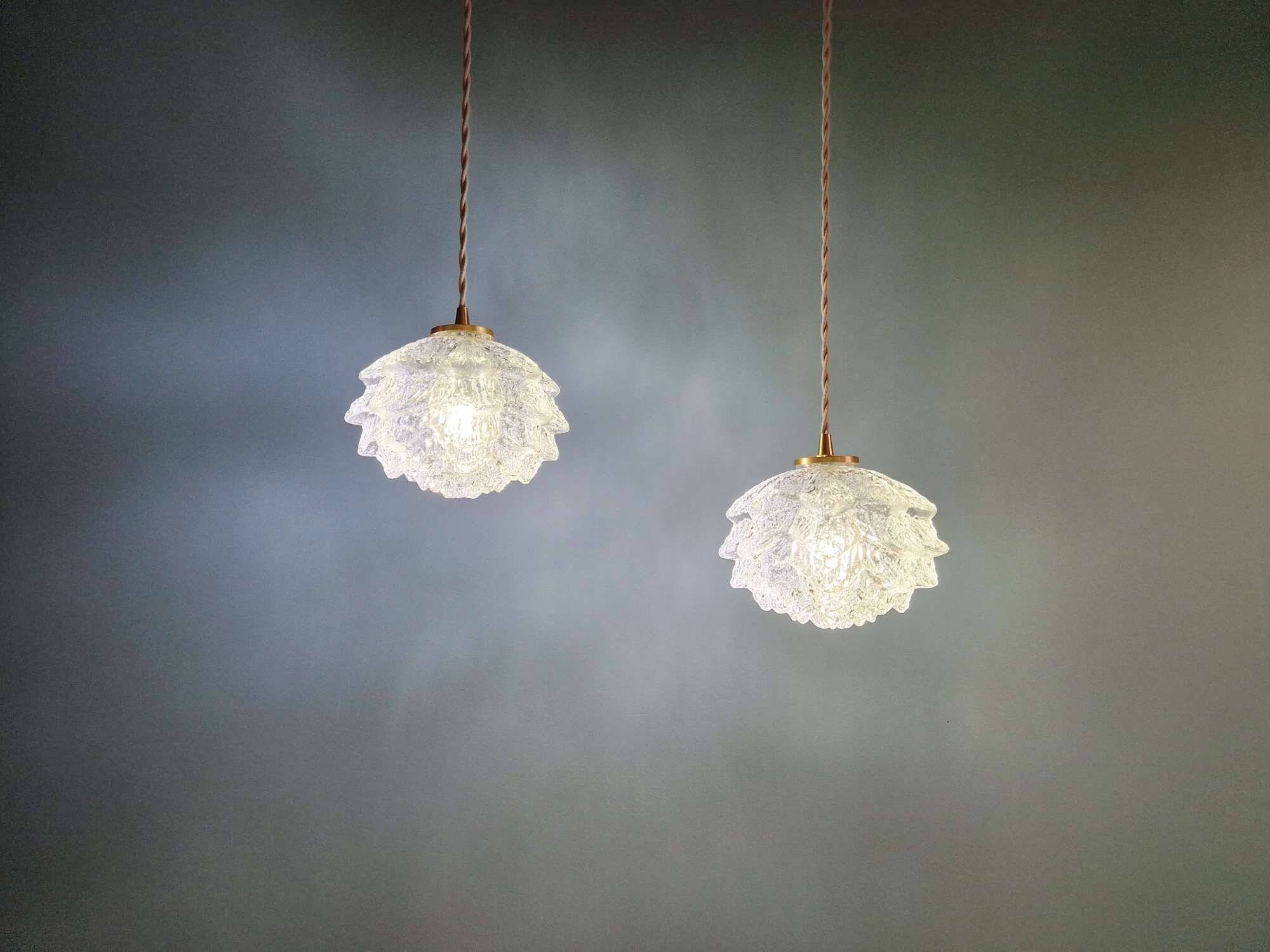 Pair of frosted glass pendant lights, artichoke-shaped, 1960s.