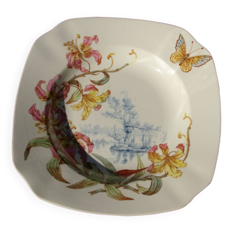 Assiette carrée en Faïence de Lunéville Art Nouveau