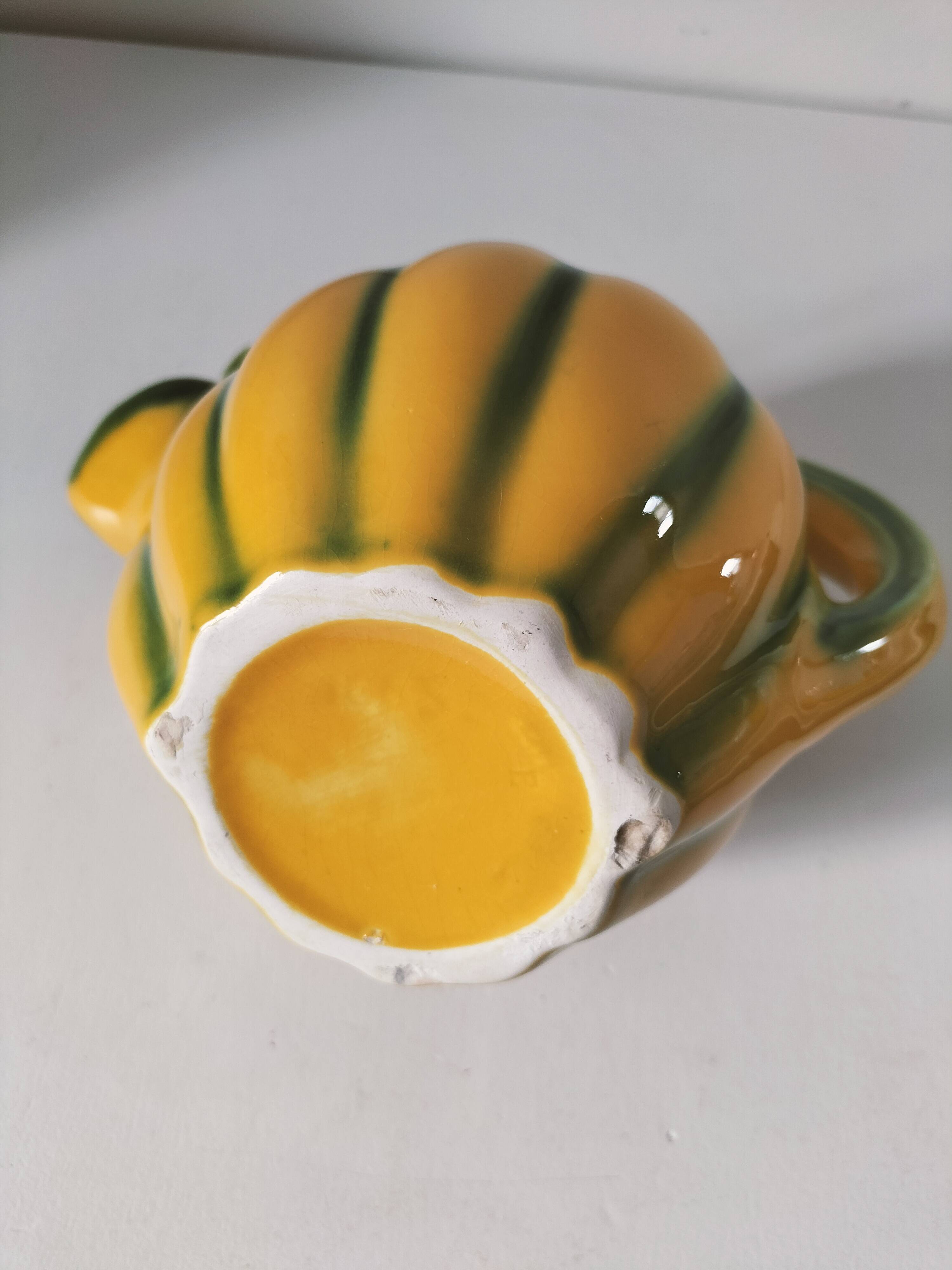 Vintage yellow and green earthenware melon-shaped pitcher – 1950s