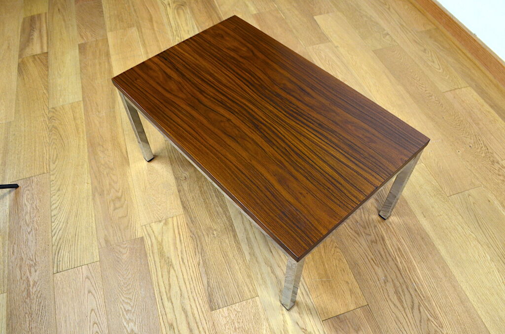Table basse vintage bois & chrome 1970
