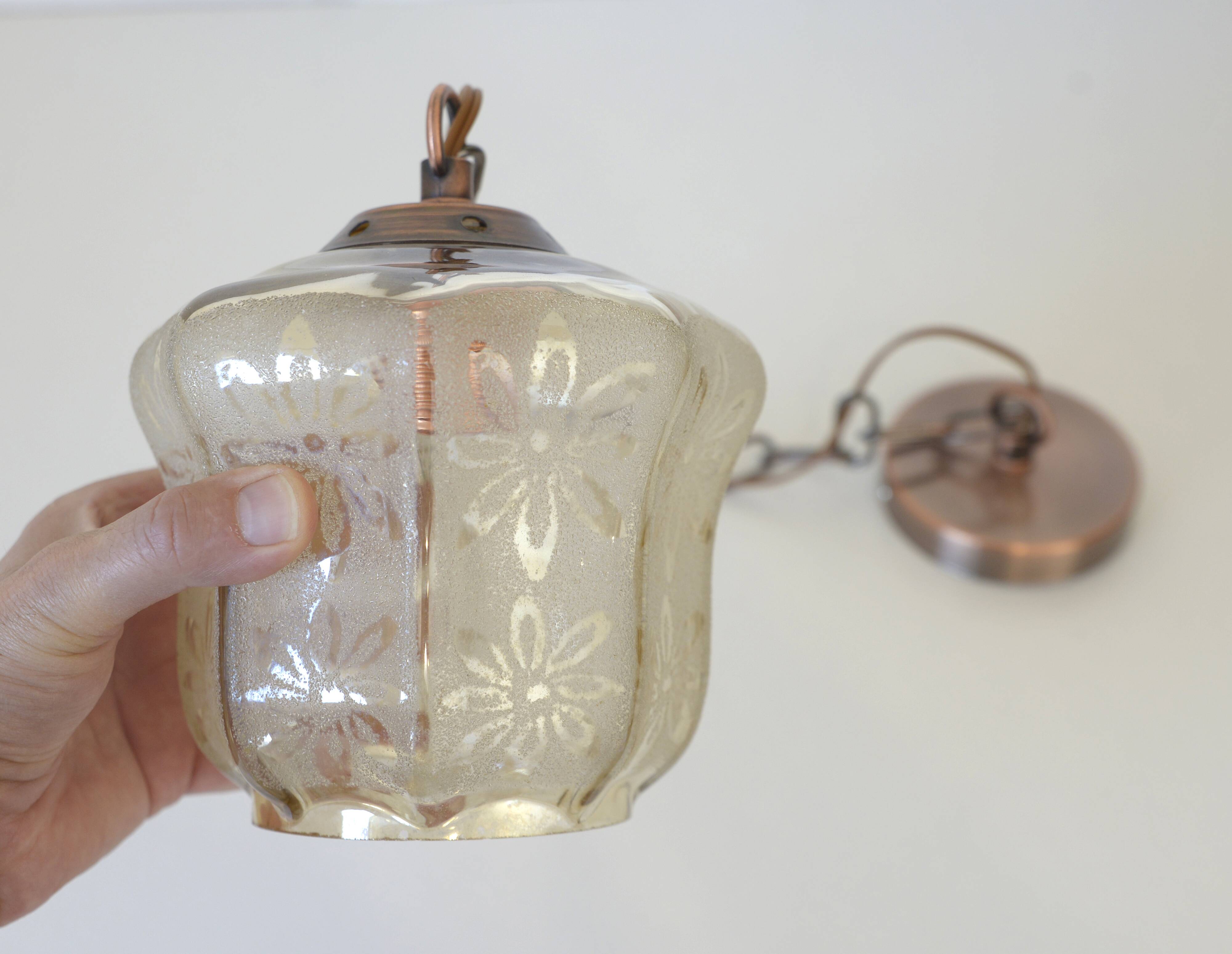 Vintage copper pendant light / amber glass and rustic chain hanging lamp