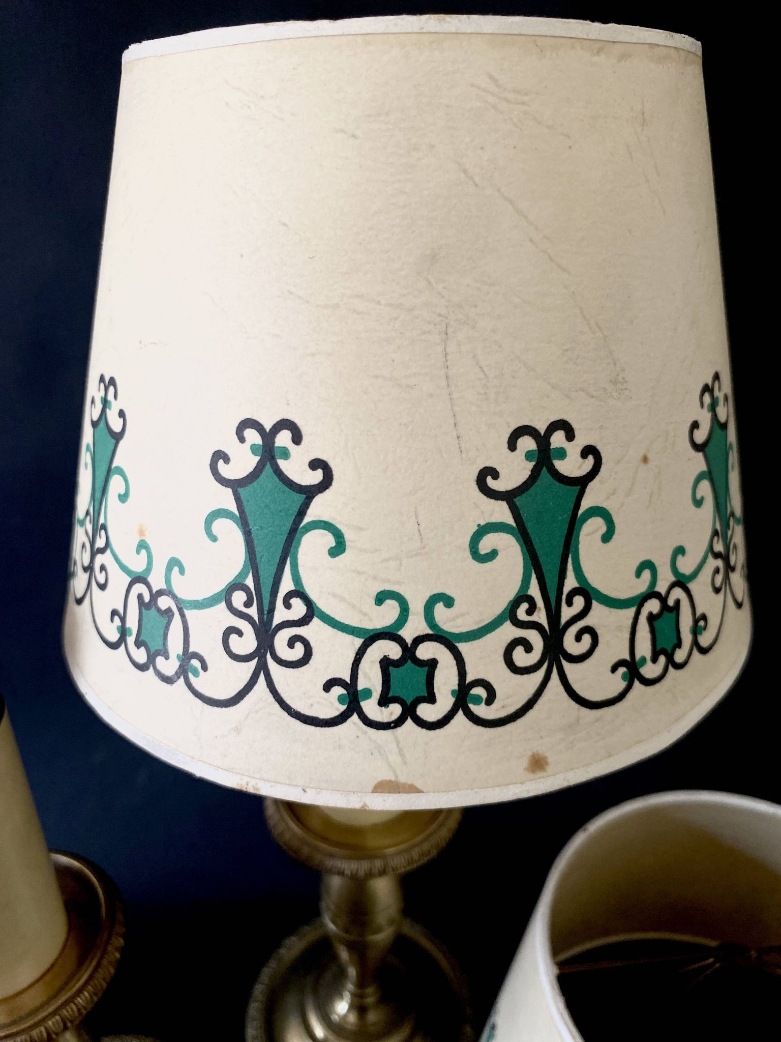 Pair of brass lamps, new 2M fabric cables, paper lampshades