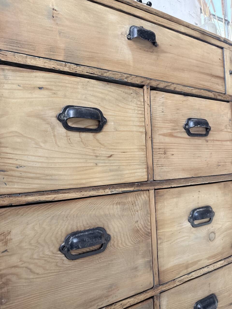 1950s pine workshop cabinet with drawers