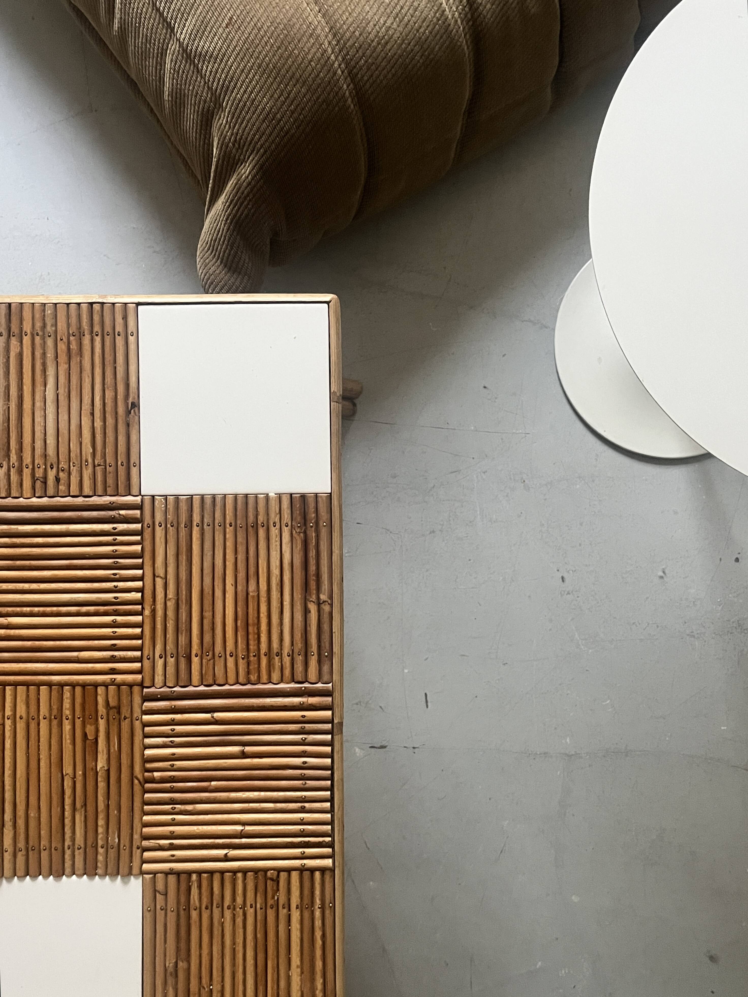 Large Audoux style coffee table in bamboo, rattan & ceramic, France 60