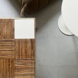 Large Audoux style coffee table in bamboo, rattan & ceramic, France 60