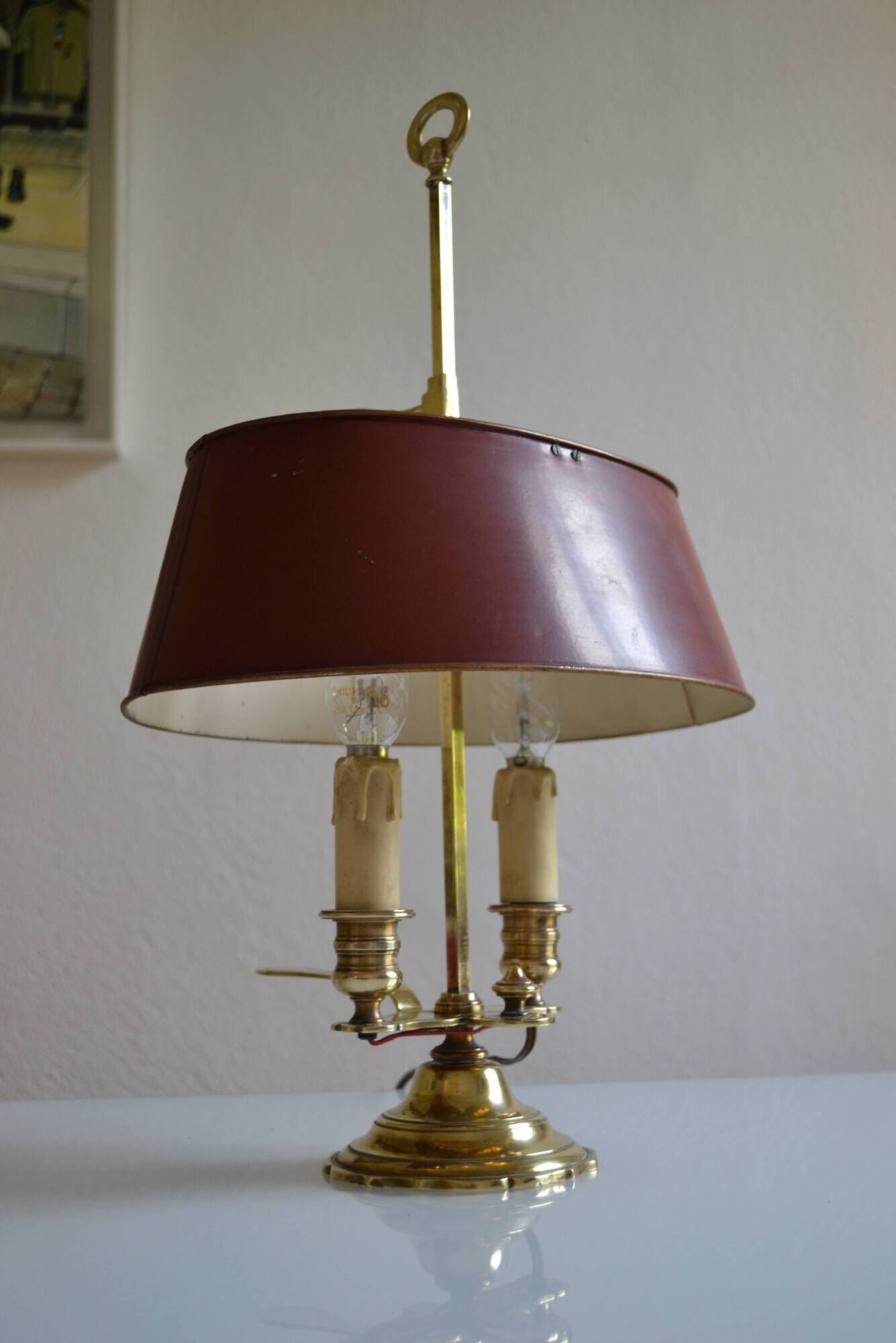 hot water bottle lamp with 2 bronze lights and burgundy sheet metal lampshade