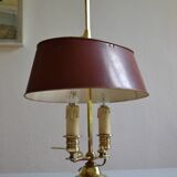 hot water bottle lamp with 2 bronze lights and burgundy sheet metal lampshade