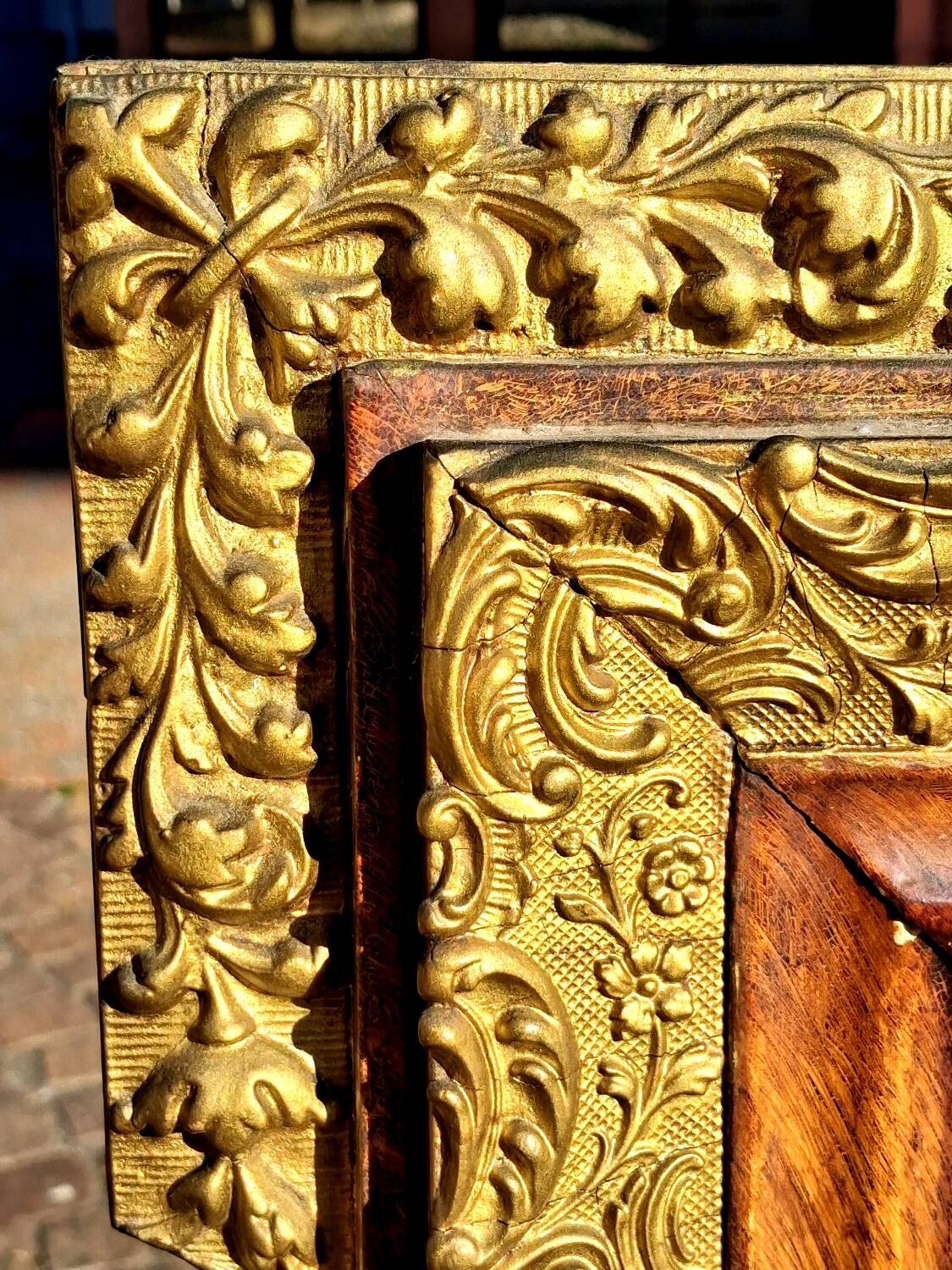 Authentic original Italian fireplace mirror, frame and pediment.