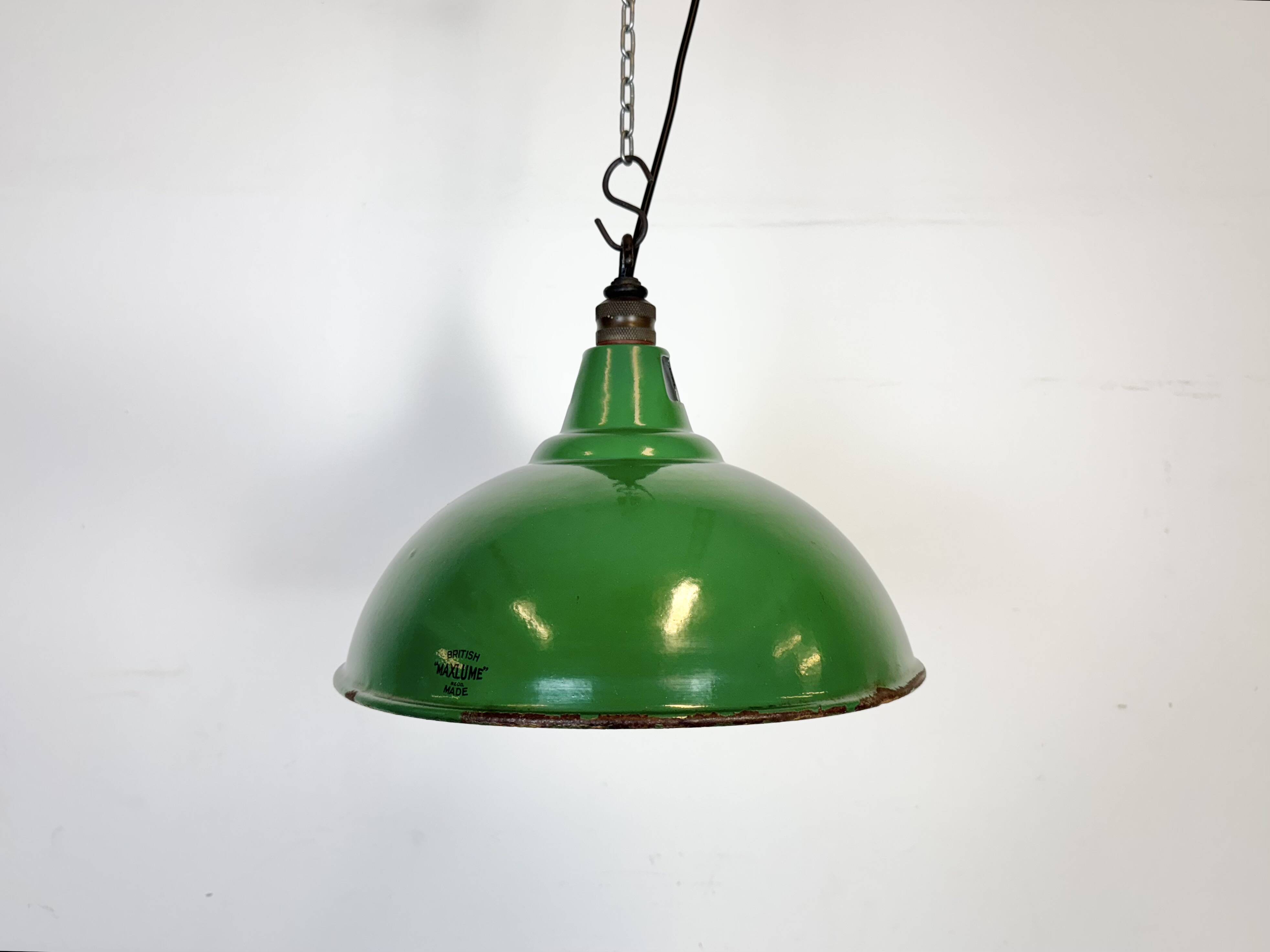 Industrial British Green Enamel Factory Pendant Lamp from Maxlume, 1960s