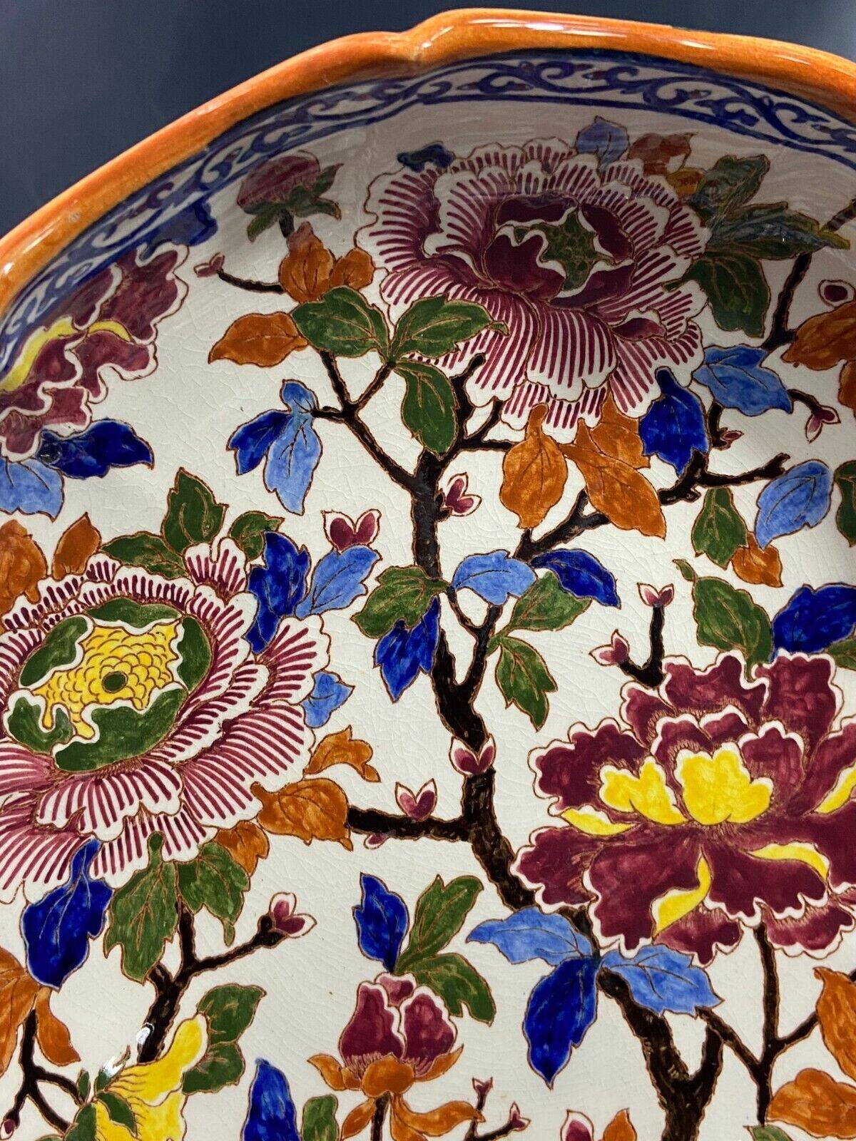 Deep dish, centerpiece, melonnière bowl in Gien earthenware, Peonies decor