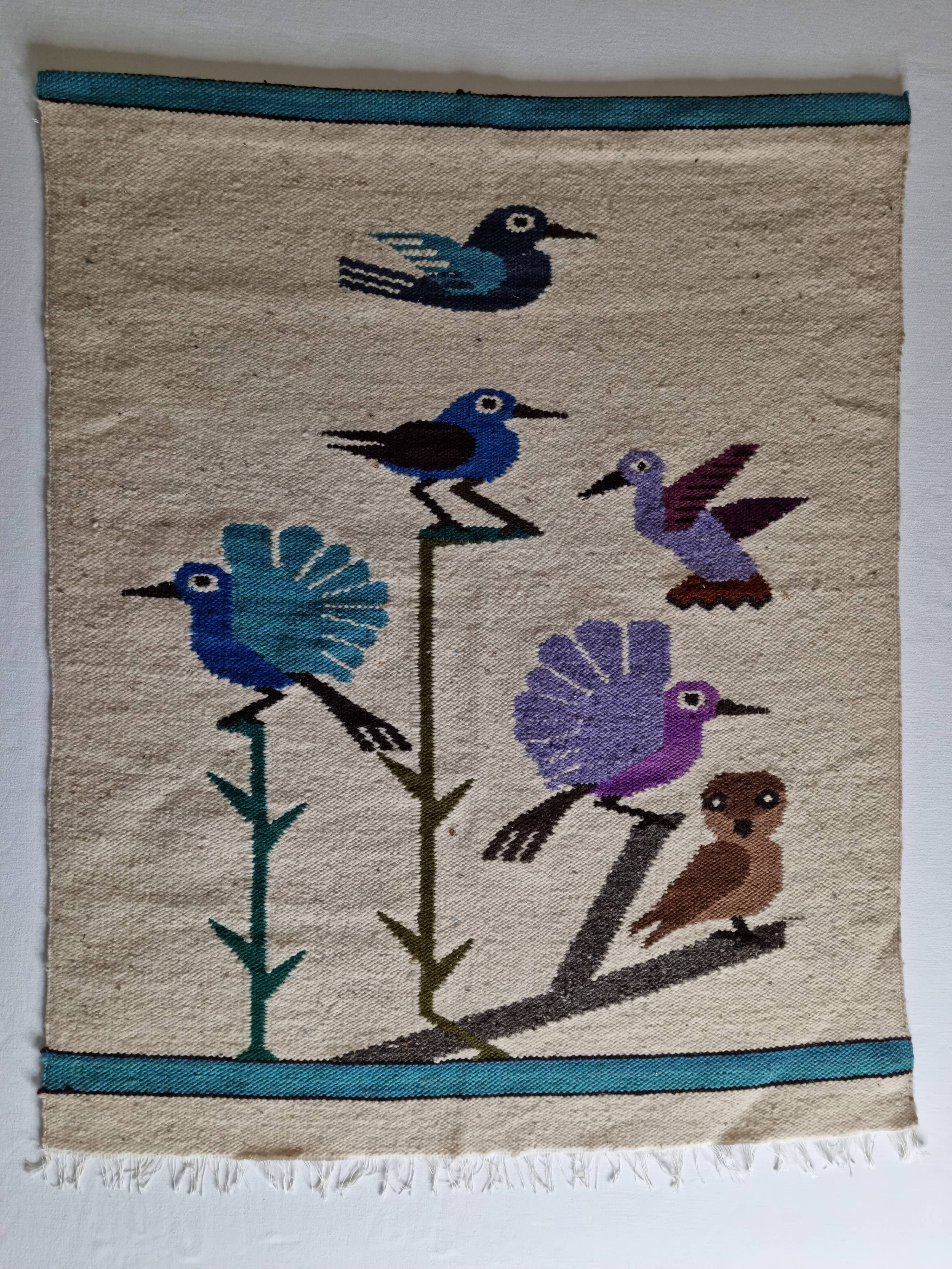 Handcrafted wall tapestry in dyed wool, bird decor, 67 cm by 84 cm