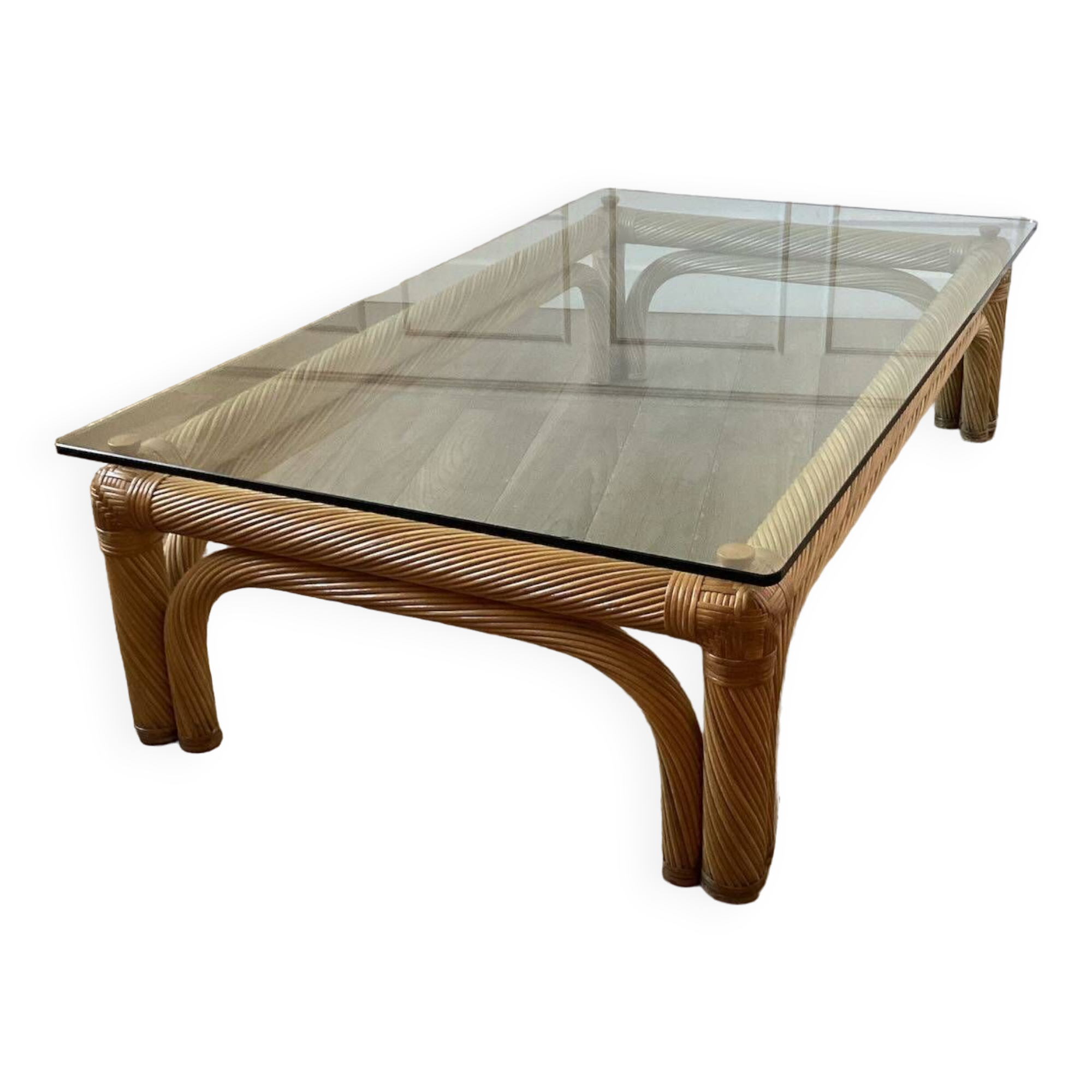 Large rattan and glass coffee table