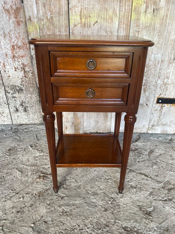 Chevet ancien, table nuit Tricoire style Louis XVI en bois, 2 tiroirs