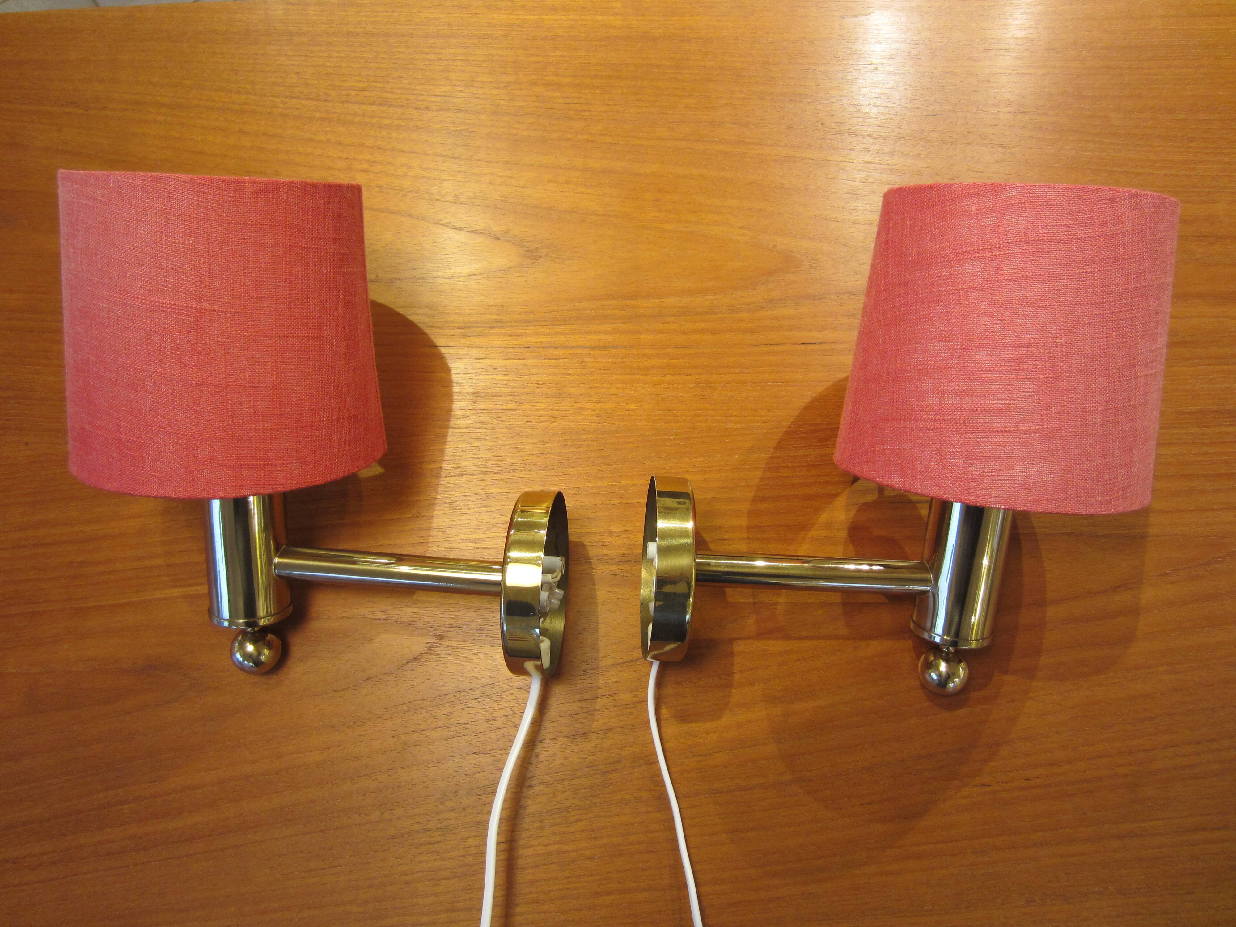 Pair of golden Scandinavian wall lights by Bergboms