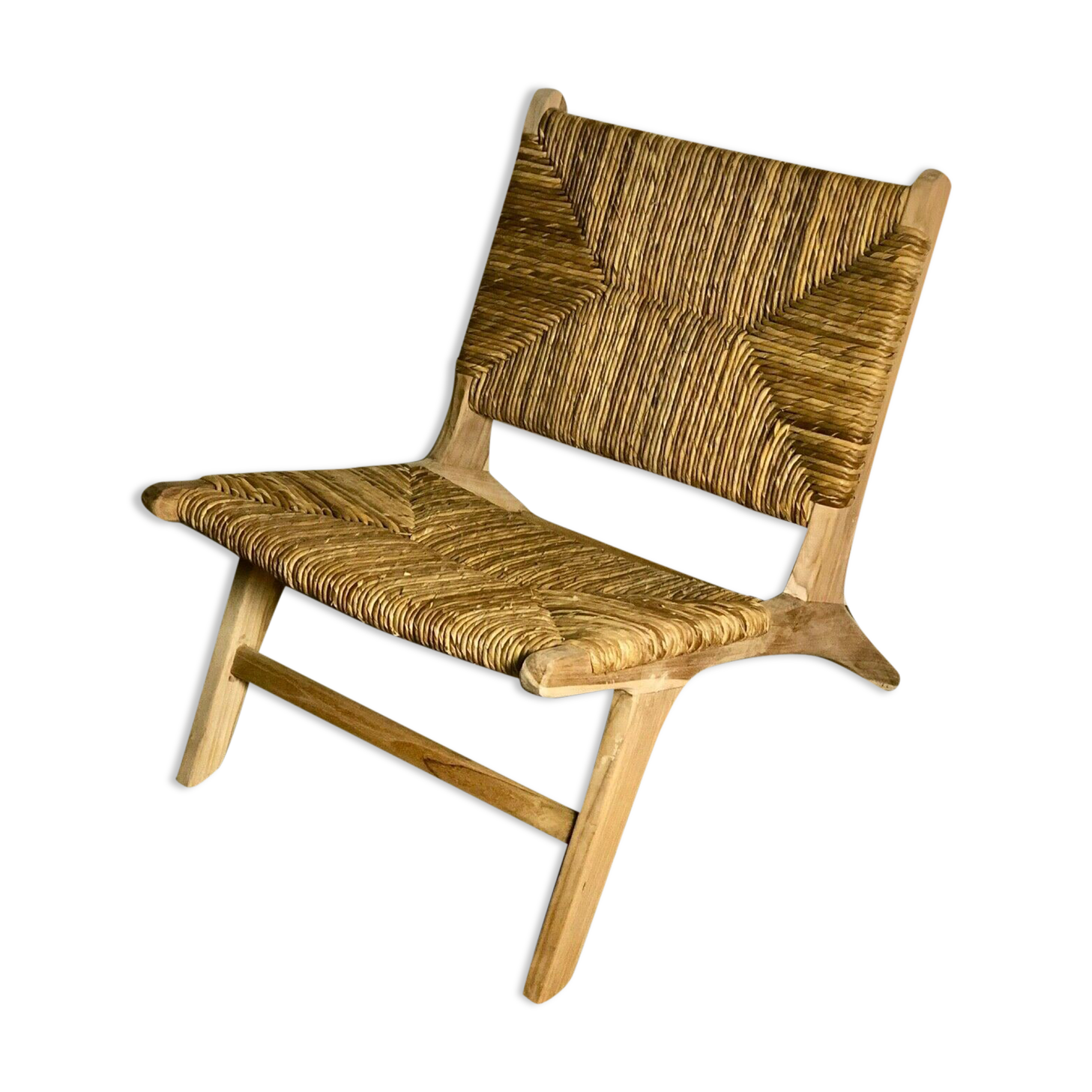 Low armchair in raw teak with seat and mulched backrest