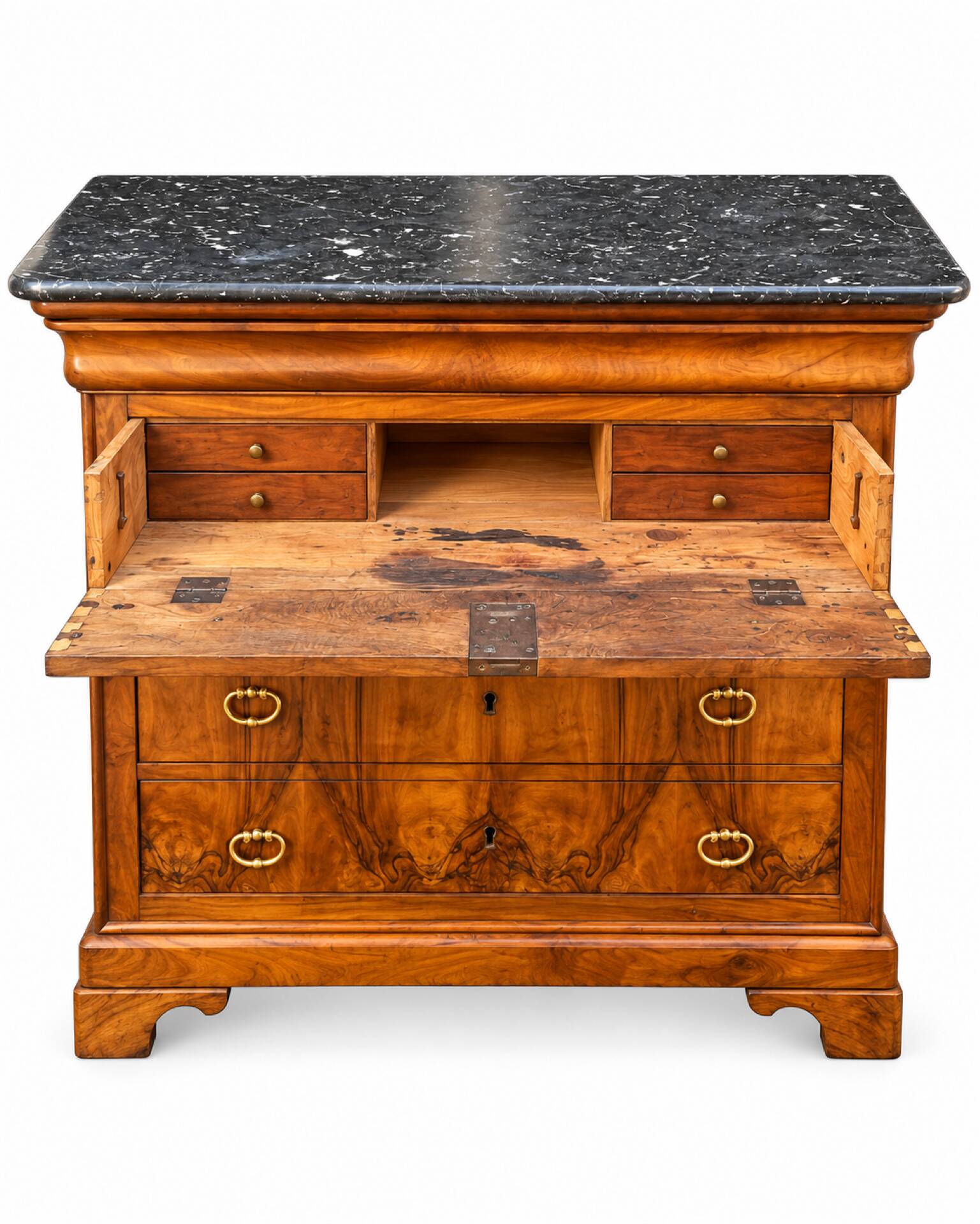 Louis-Philippe style secretary chest of drawers from the 19th century with walnut burl veneer.