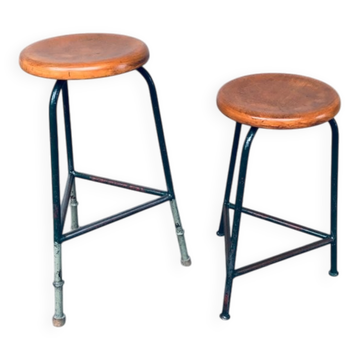 Set of Industrial Green Tripod Stool Set, Belgium, 1950s