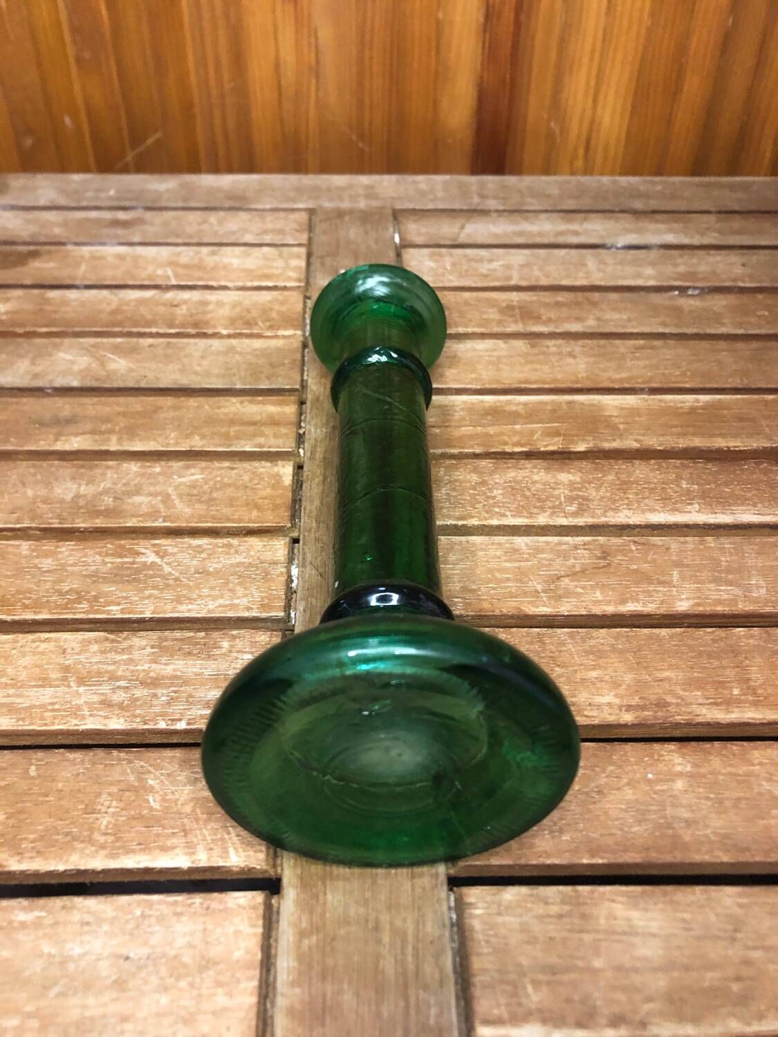 Series of 6 old vintage green bubble molded glass candlesticks #a529