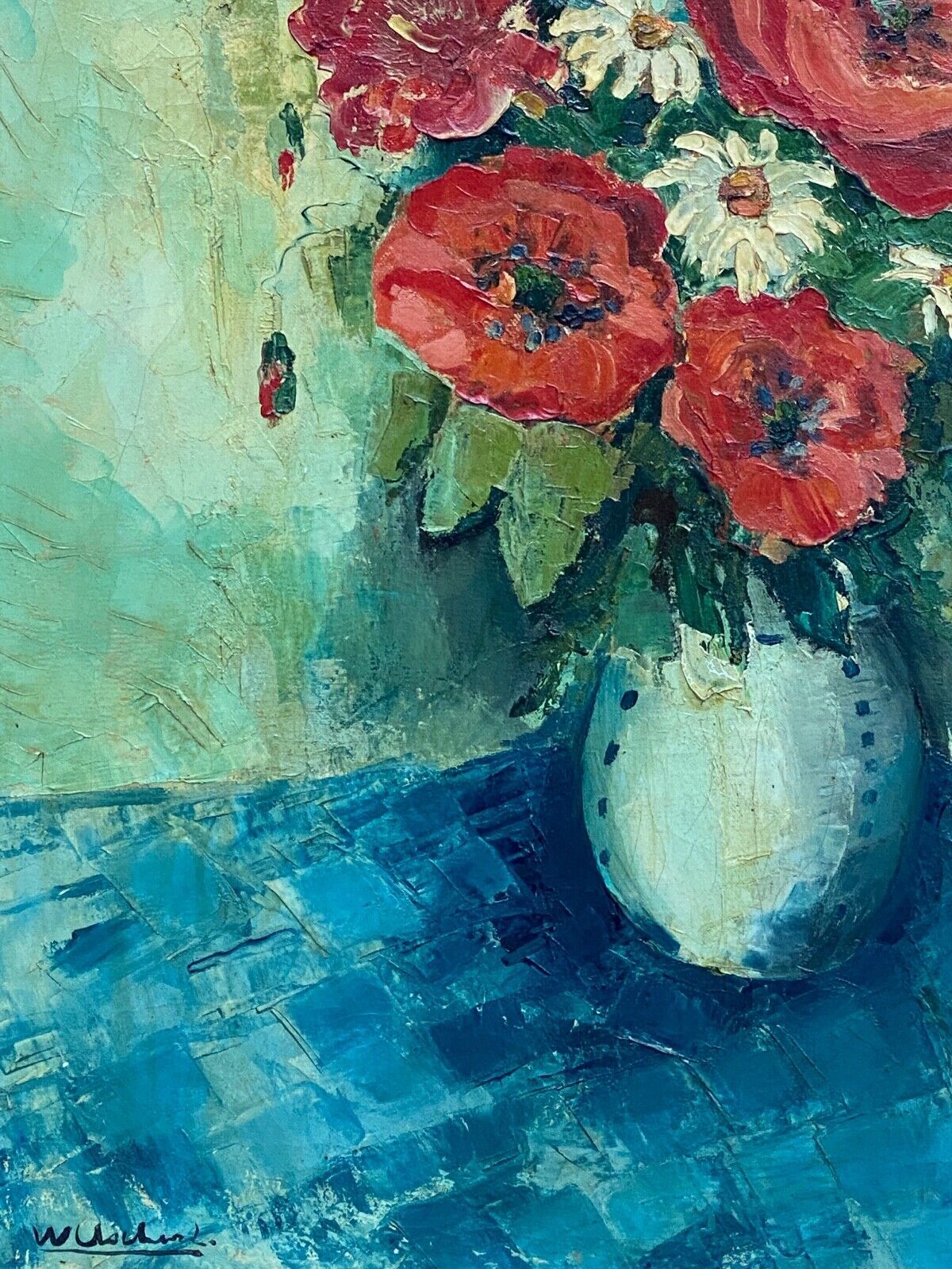 Huile william marcel clochard bouquet de fleurs roses coquelicots