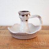 Ceramic Candlestick Holder, Vintage Studio Pottery, White & Brown Speckled
