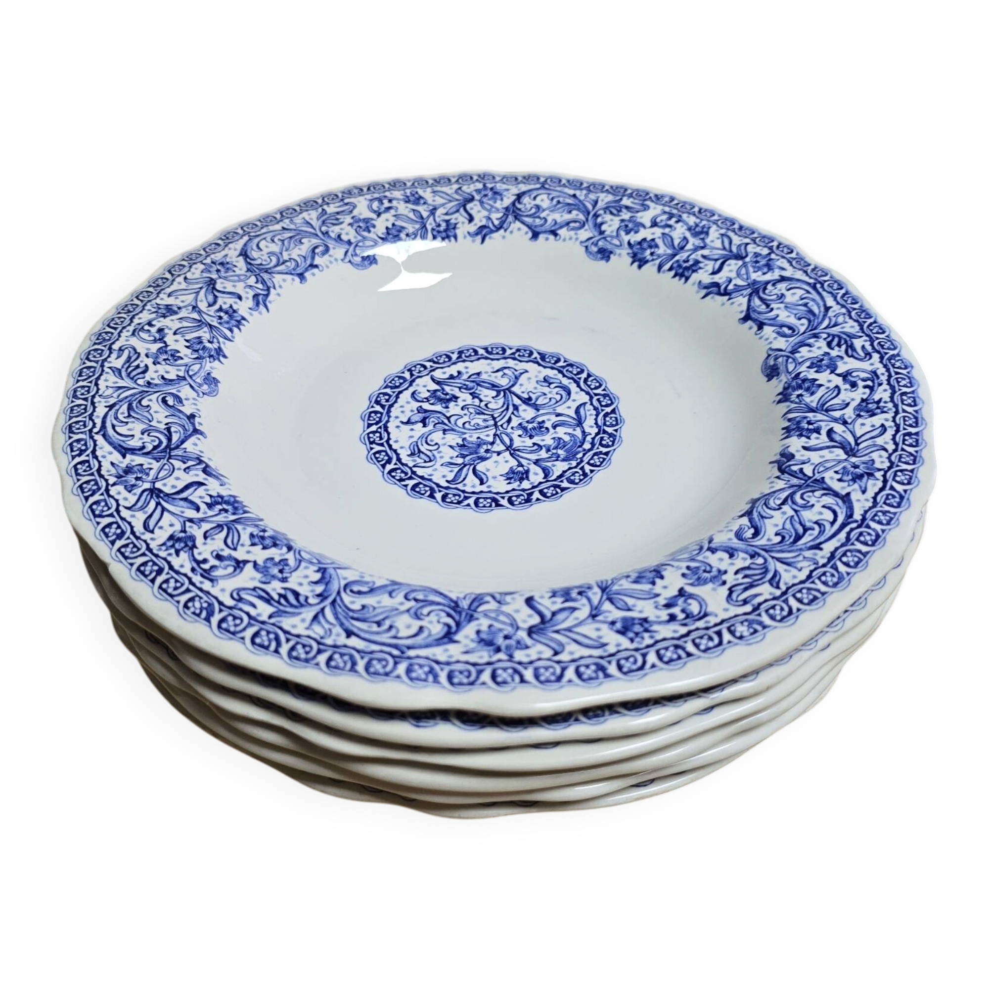 Lot of 6 deep plates Gien with blue patterns in perfect condition.
