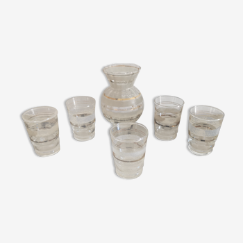 Set of 5 glasses and small pichet in granite gilded border