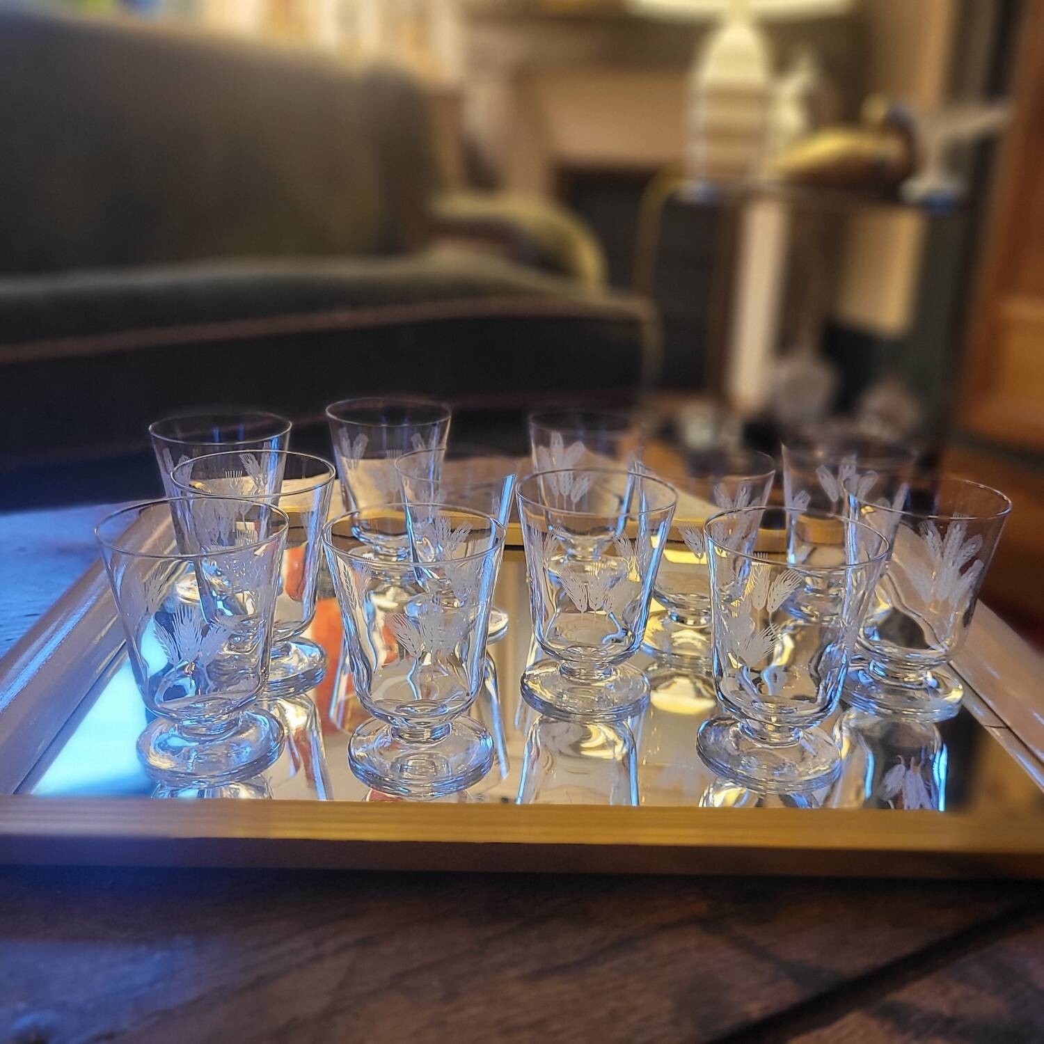 Set of 12 engraved stem glasses with ear of corn pattern from the 60s.