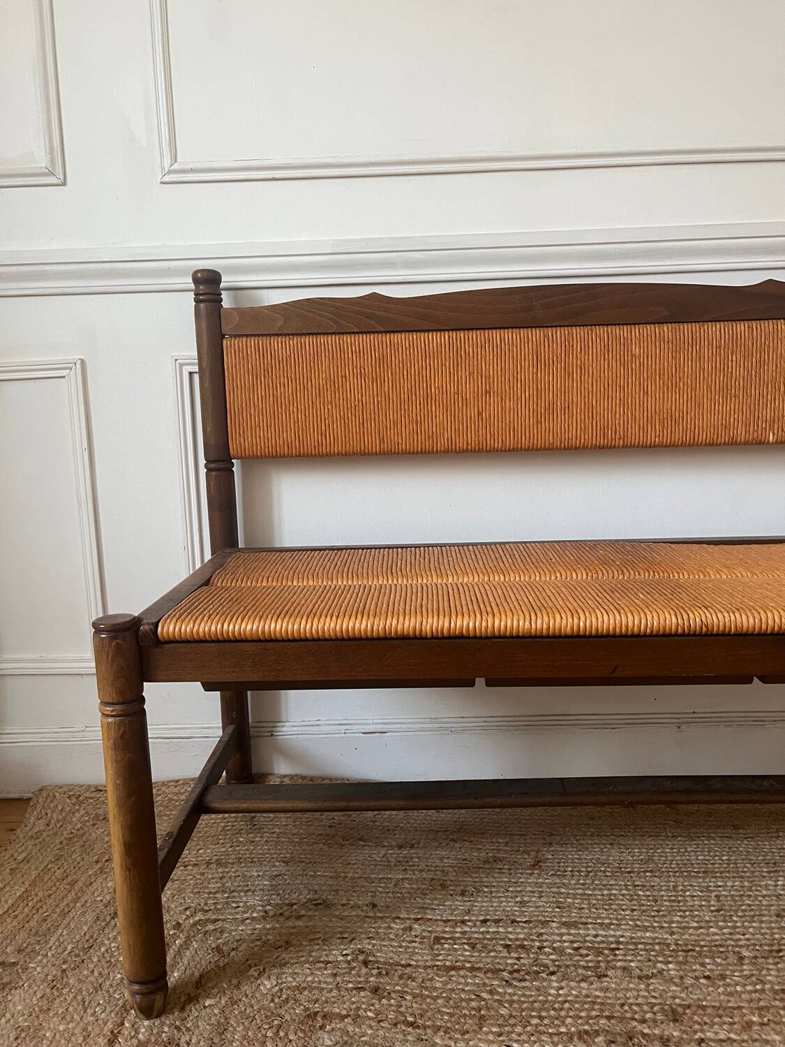 Provençal rustic wood and straw bench