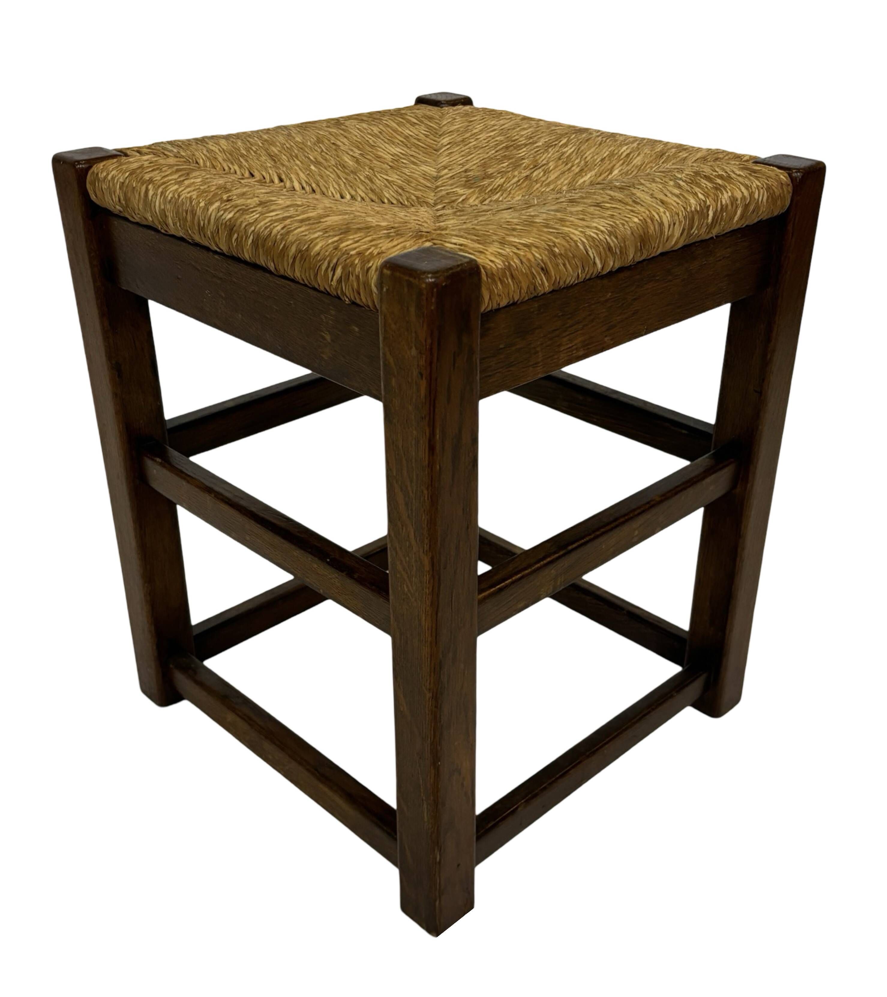 Vintage wooden stool straw seat 60s minimalist design