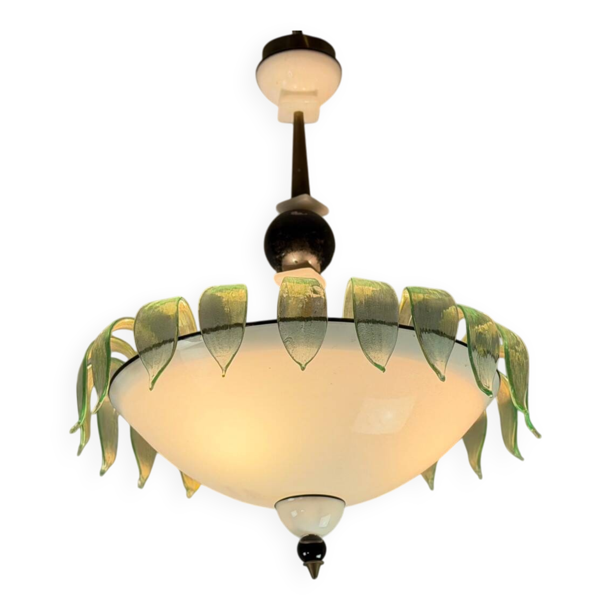 Venetian chandelier in white, black and green Murano glass sprinkled with gold, circa 1980