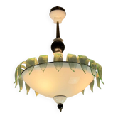 Venetian chandelier in white, black and green Murano glass sprinkled with gold, circa 1980