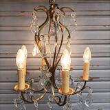 Remarkable 6-light cage chandelier with crystal pendants, complete in working order