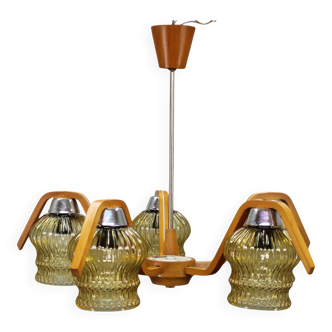 Mid Century Czech Wood Glass Chandelier, 1970s Restored