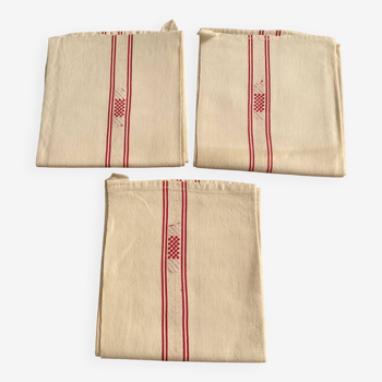 Set of 3 Linen/Cotton tea towels. Red bands. 76x50