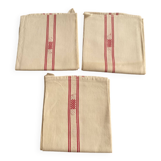 Set of 3 Linen/Cotton tea towels. Red bands. 76x50