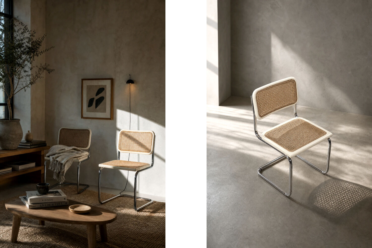 Set of 2 Vintage MidCentury Italian Modern White Wood&French Wicker Chairs