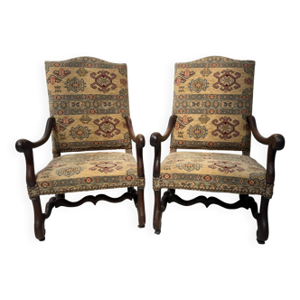 Pair of Louis XIII style armchairs with high flat backs, 20th century.