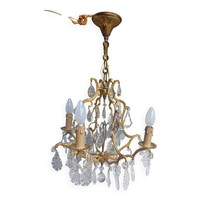 Rare ancien lustre cage en bronze doré et cristal 4 feux