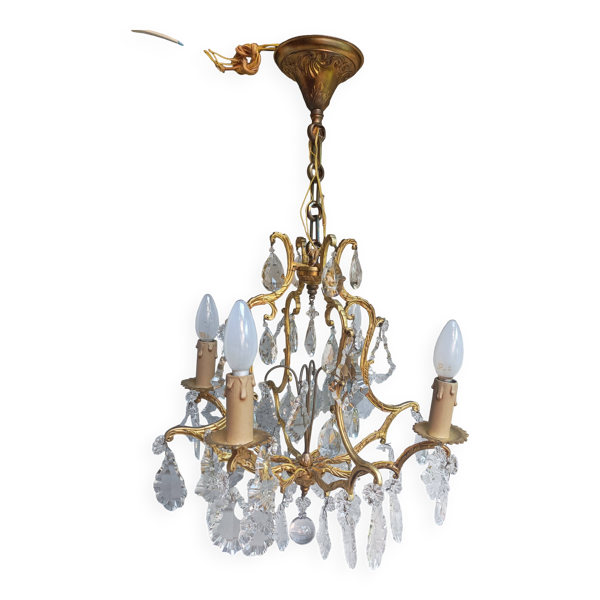 Rare ancien lustre cage en bronze doré et cristal 4 feux — Beyit