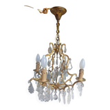 Rare old cage chandelier in gilded bronze and crystal 4 lights / WORKING CONDITION LEFT?