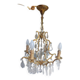 Rare ancien lustre cage en bronze doré et cristal 4 feux
