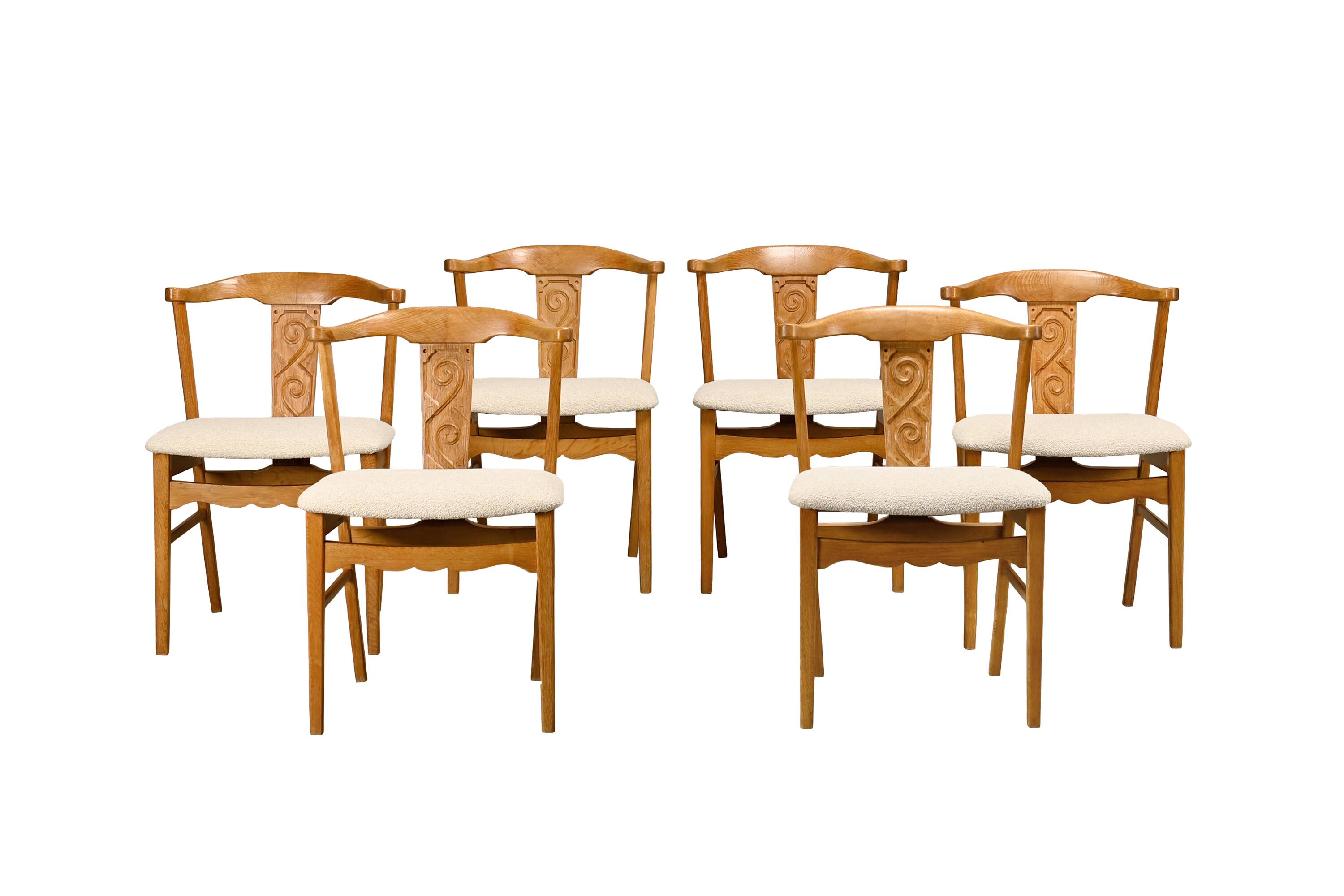Brutalist Dining Chairs in style of Henning Kjærnulf in Oak and Bouclé