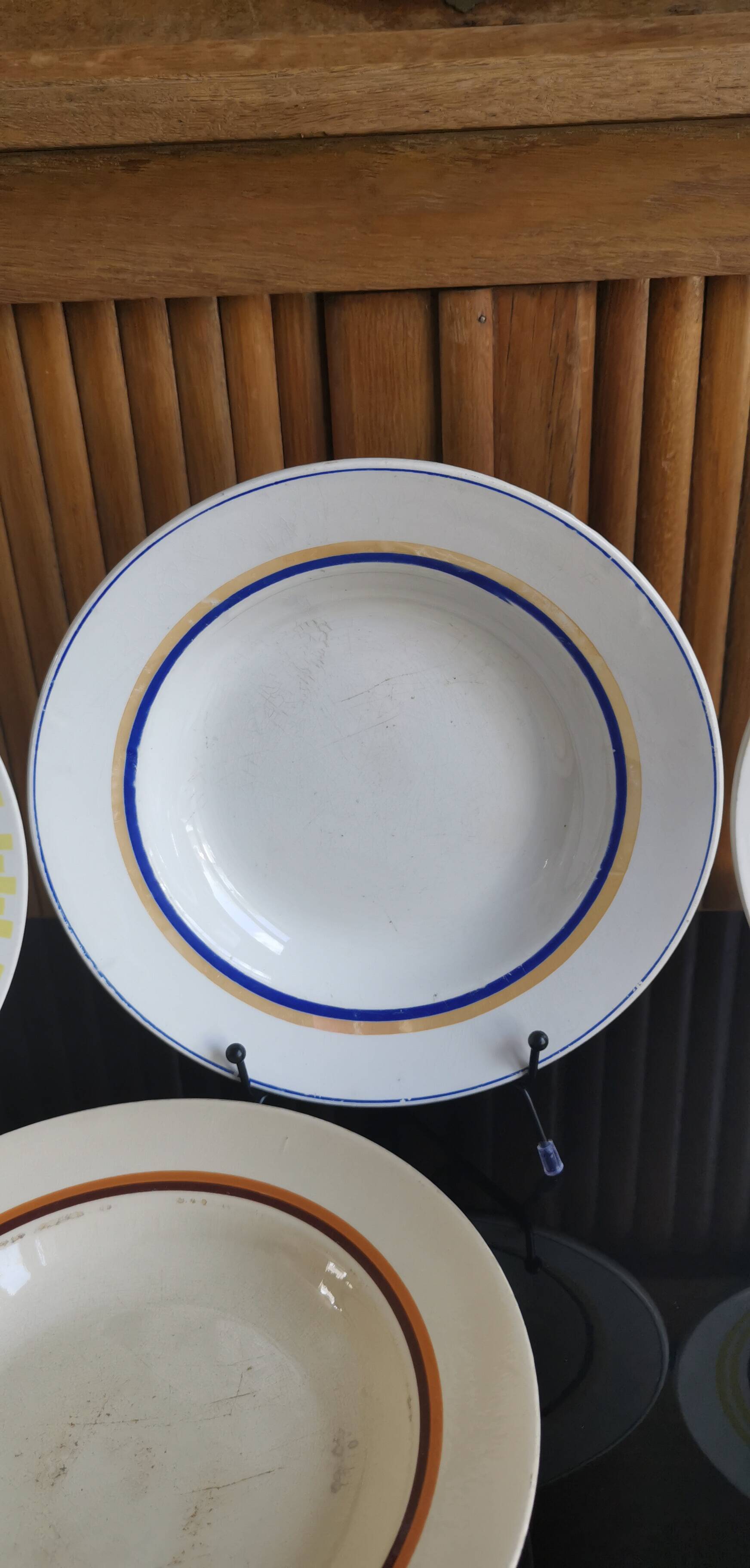 6 old plates mismatched geometric patterns Moulin des Loups, St Amand