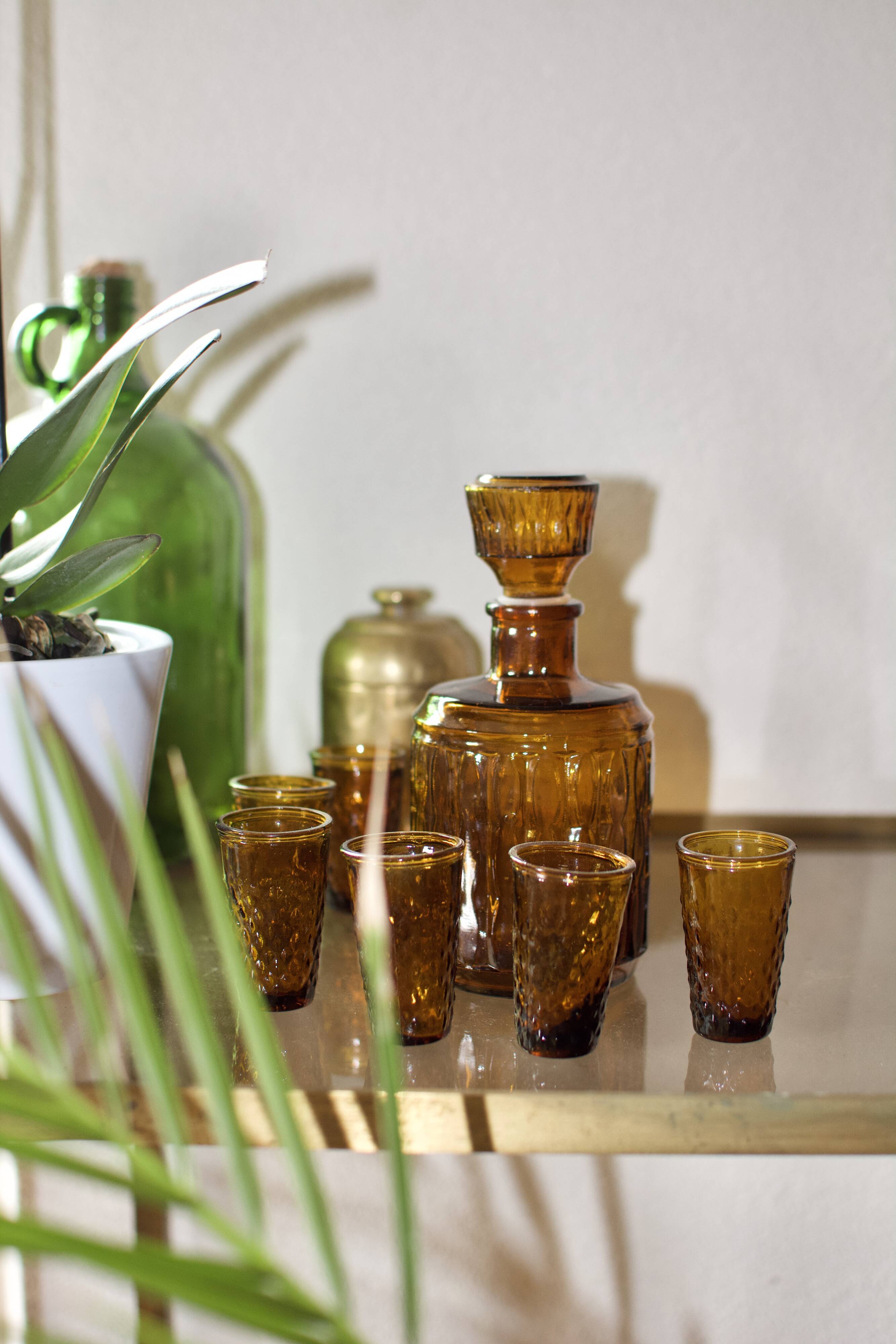Carafe set and amber liquor glasses