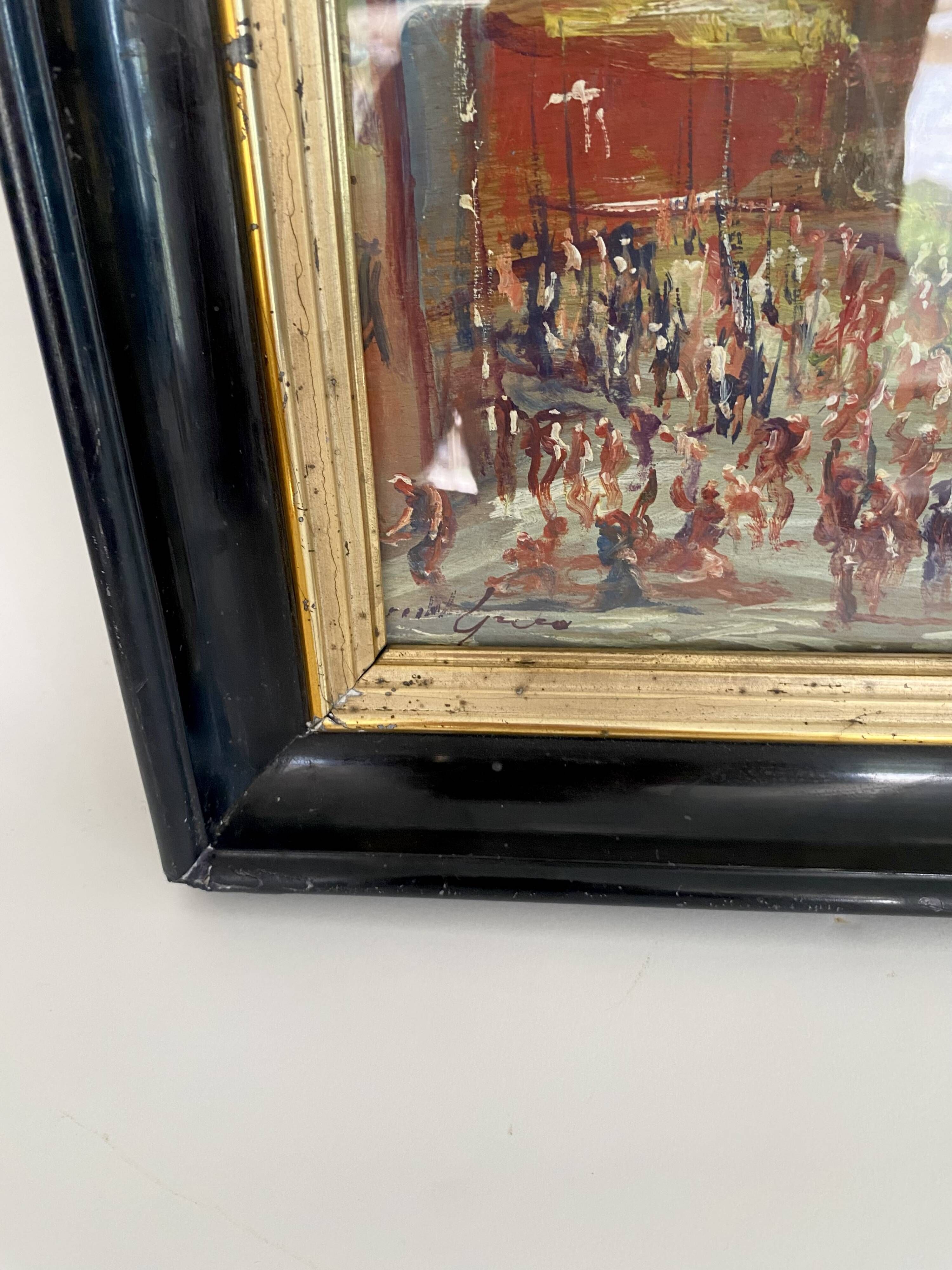 Oil painting "Sicilian Feast" in glass, 19th-century wooden frame.