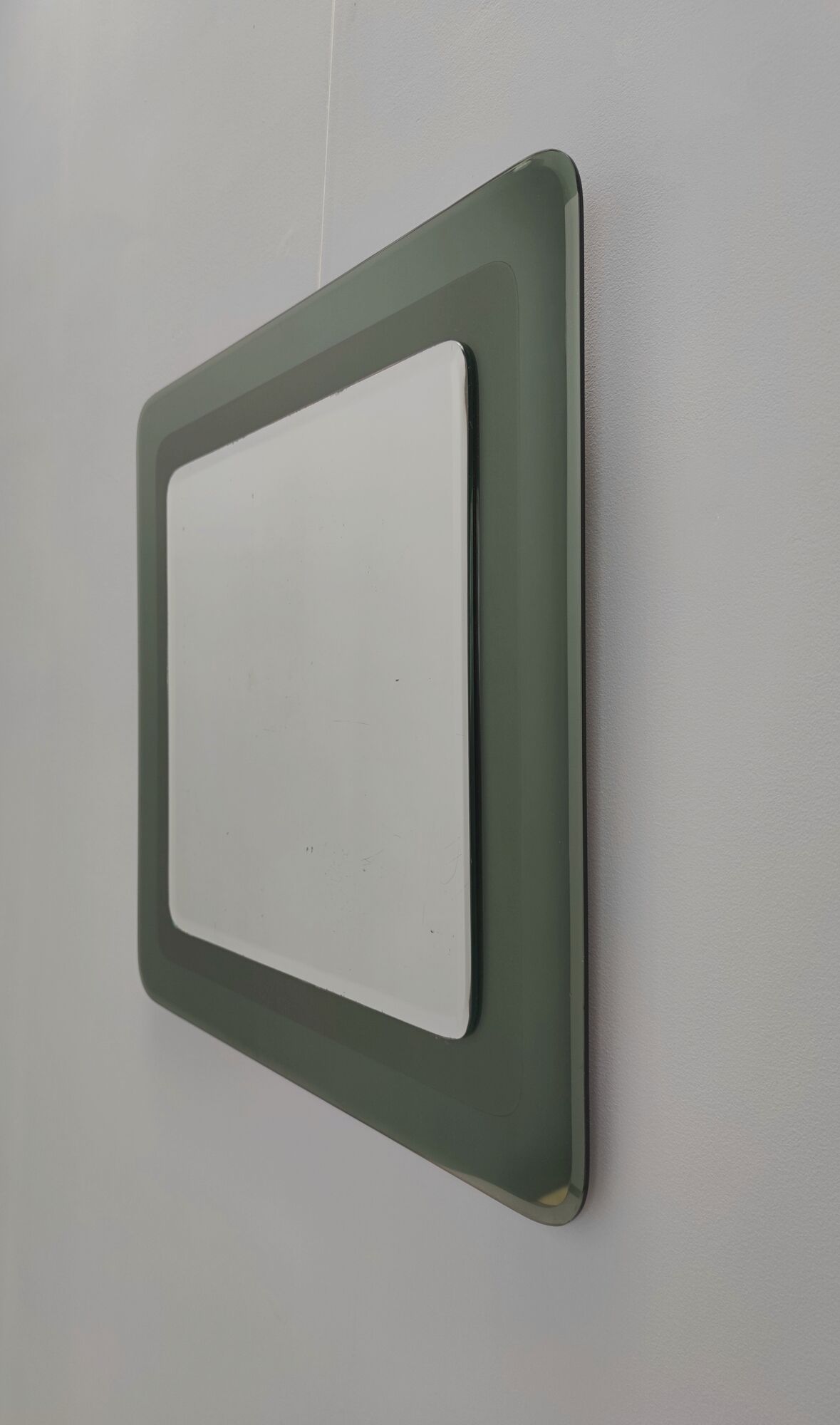 Postmodern square wall mirror with an army green beveled glass frame, Italy