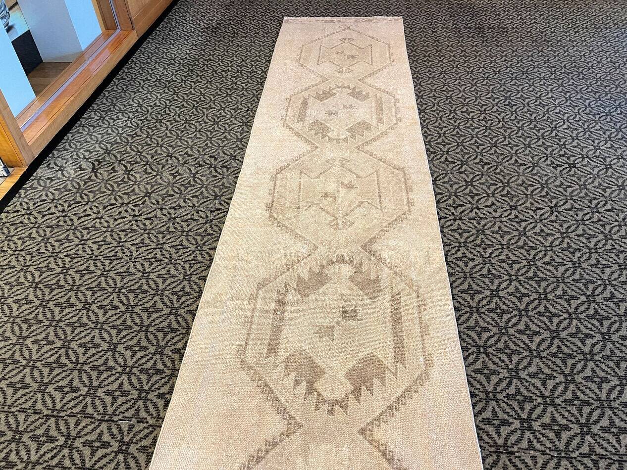 Vintage Handmade Soft Beige and Brown Long Hallway Runner