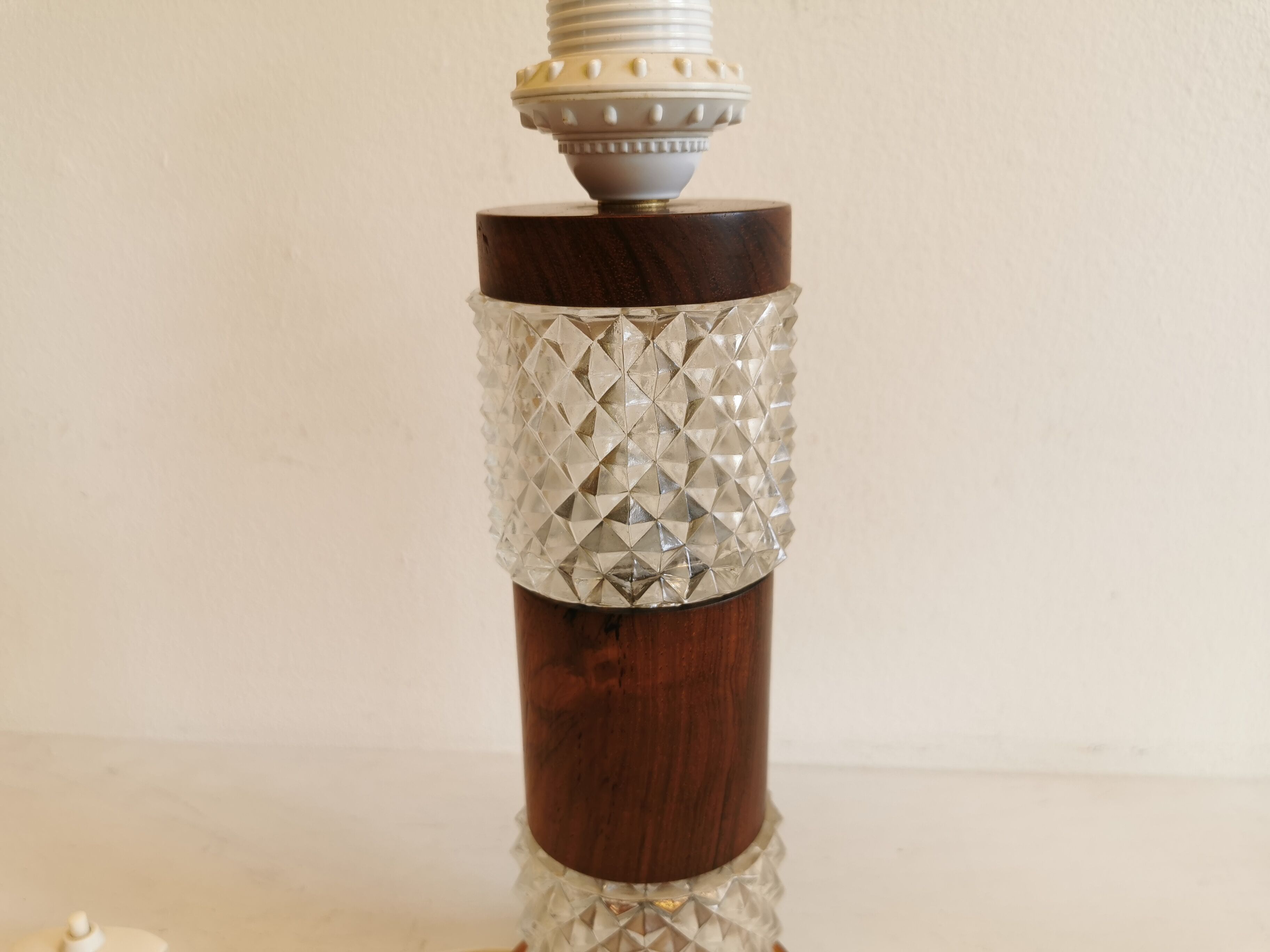 Swedish table lamp, made of what looks like rosewood and crystal glass.