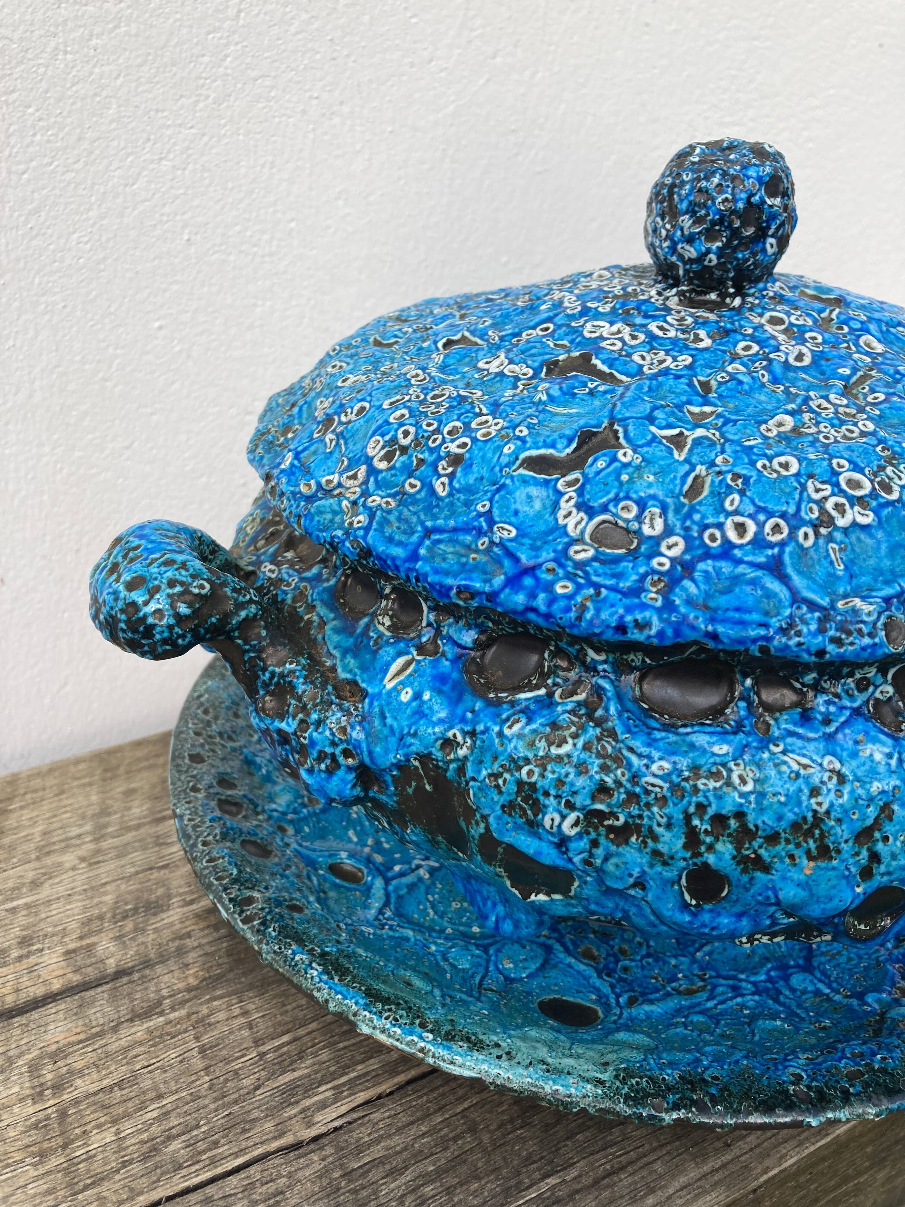 Glacier ennamel tureen vintage turquoise blue 1960 / cyclops varnished earthenware by Charles Cart