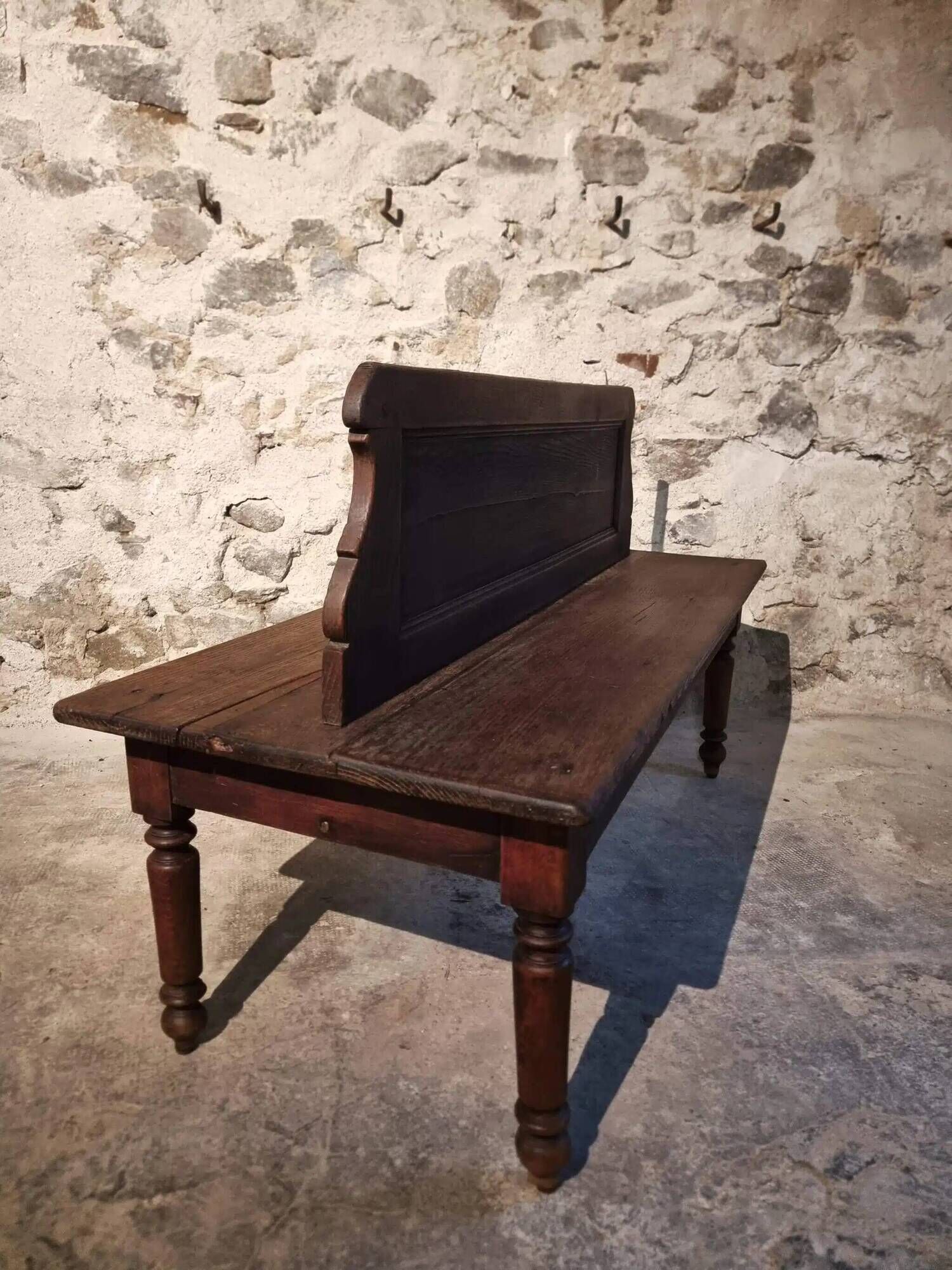Antique French oak station bench – double-sided, 19th century (140 x 61 x 86 cm)